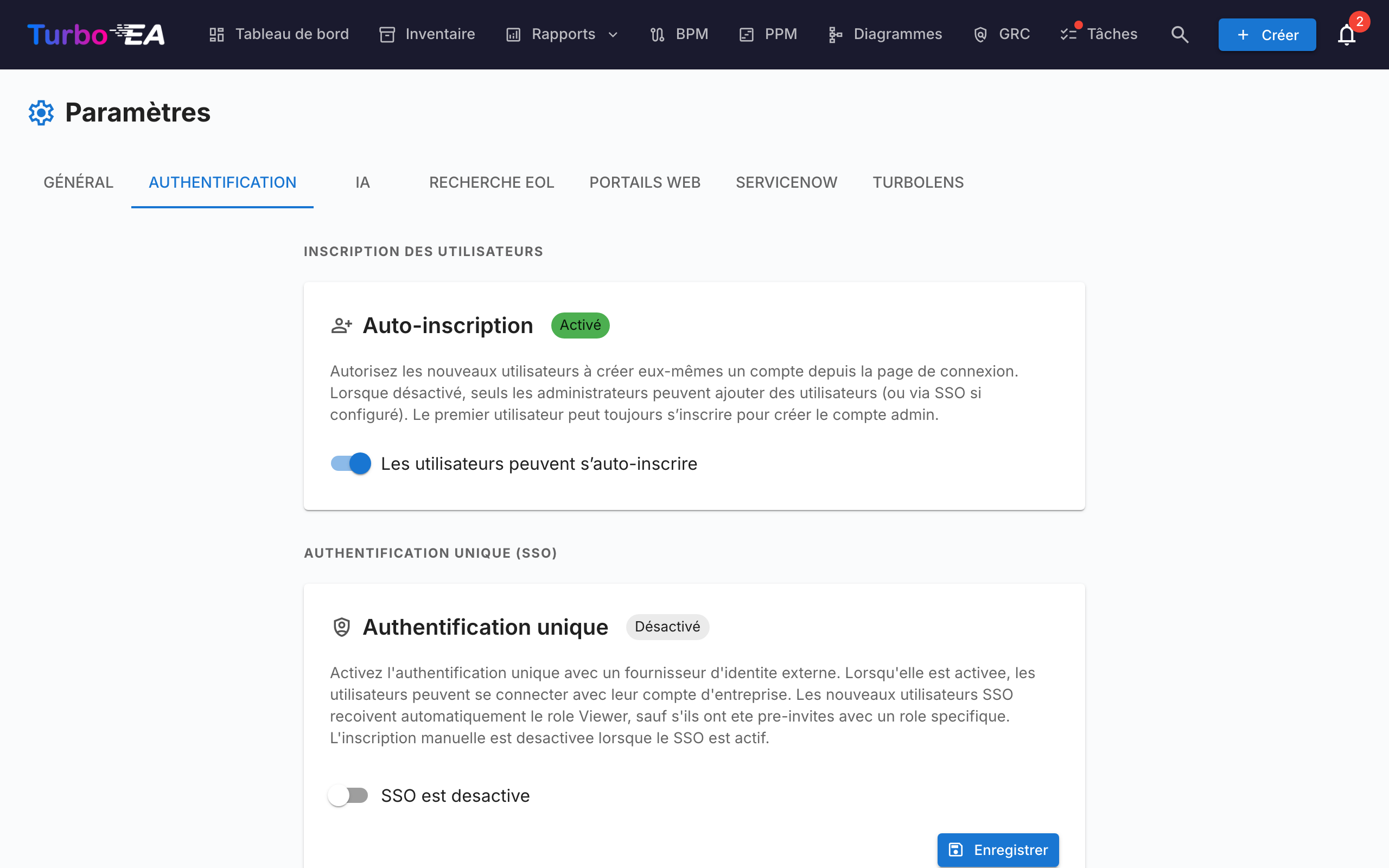 Paramètres d'authentification et SSO