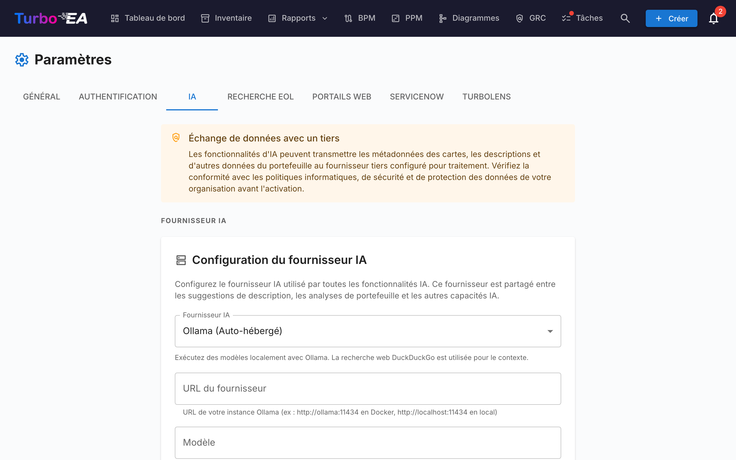 Paramètres de suggestion IA