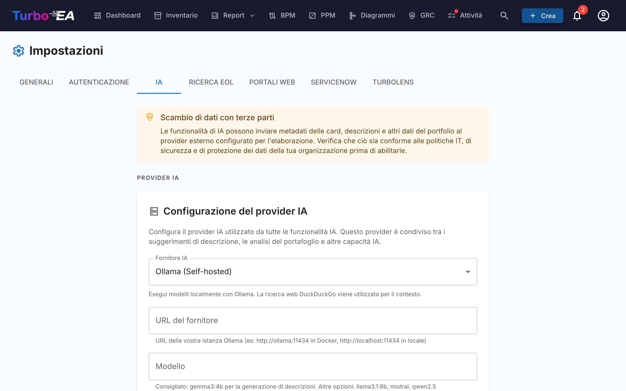 Impostazioni suggerimenti AI