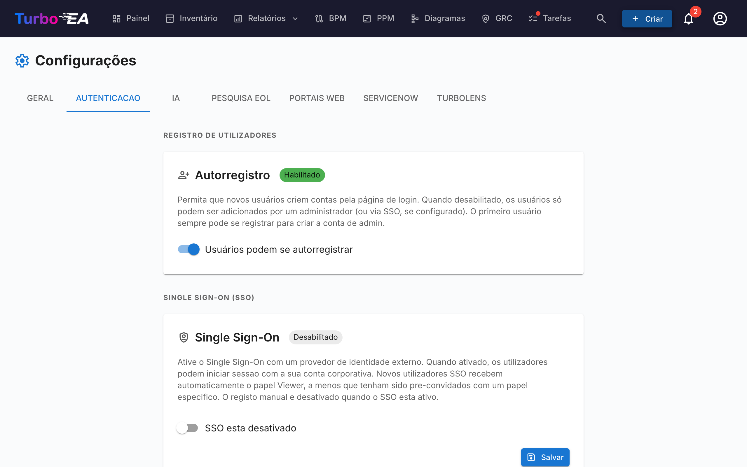 Configurações de Autenticação e SSO